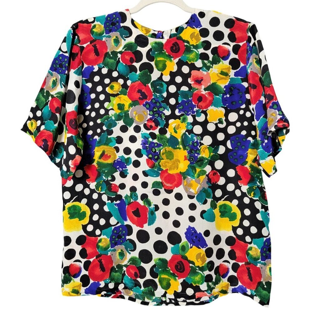 VTG Pat Argenti Silk Colorful Floral Polka Dot Retro 80s Short Sleeve Blouse S